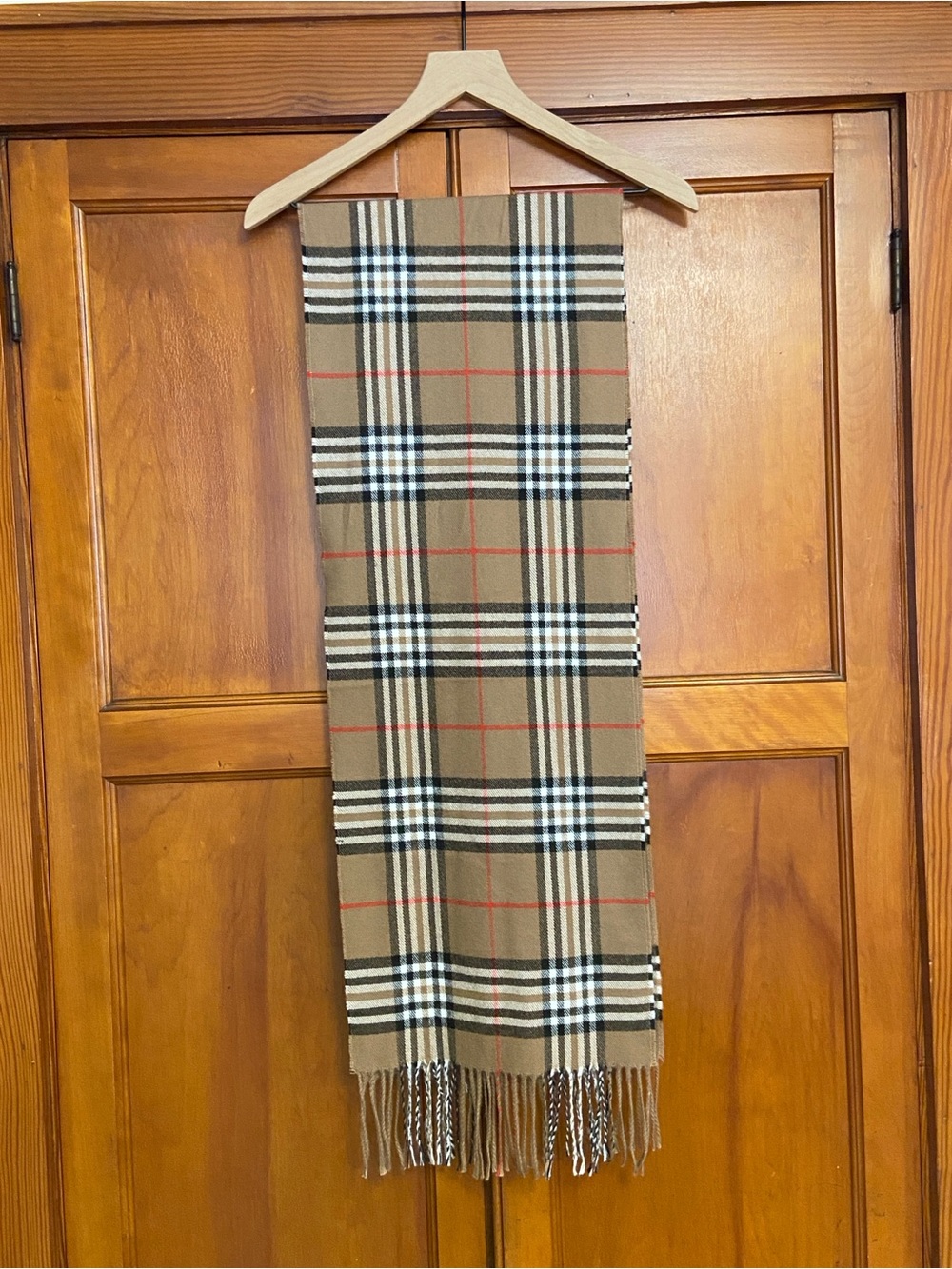100% Cashmere Plaid Scarf Made in Scotland Tan Black Red Fringe